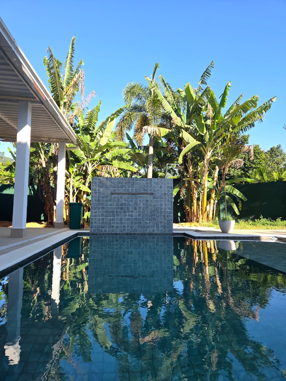 Reflexo do paisagismo tropical na piscina
